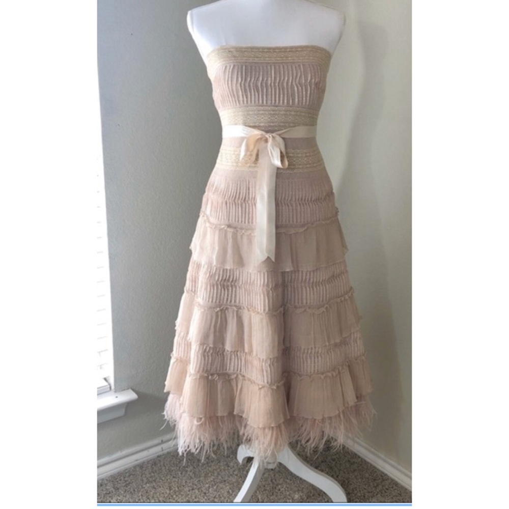 BCBGMaxazria Blush Feather Tulle Cocktail Dress
